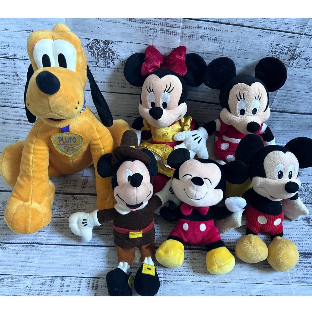 Disney Parks Plush Toy Lot 6 Mickey Minnie Mouse Pluto 50th Anniversary Pilgrim